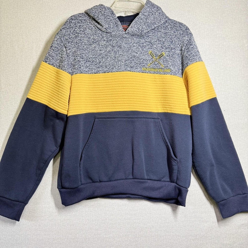 Mecca Hoodie Mens M Gray Yellow Blue Pullover Fleece Sweatshirt Mackinac Island